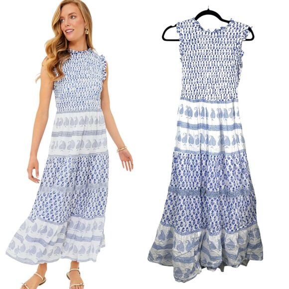 Oliphant Exclusive Tuckernuck Flora Blue Sleeveless Smocked Maxi Dress Small - Picture 1 of 8